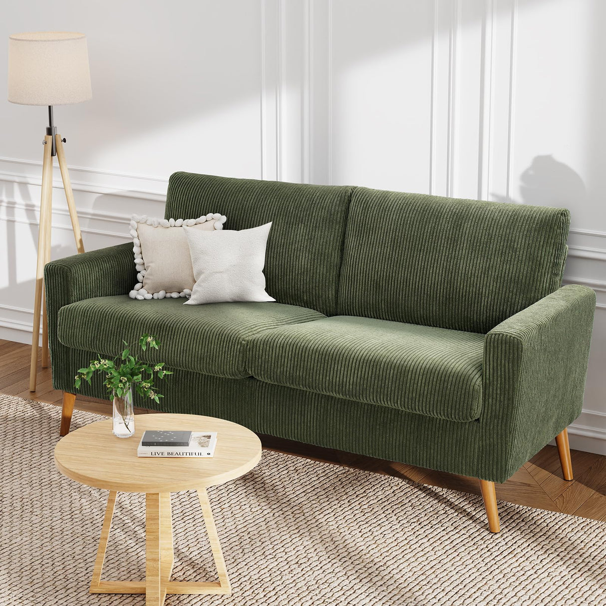 68" Loveseat Sofa Green Corduroy, Mid Century Modern Love Seat Couches