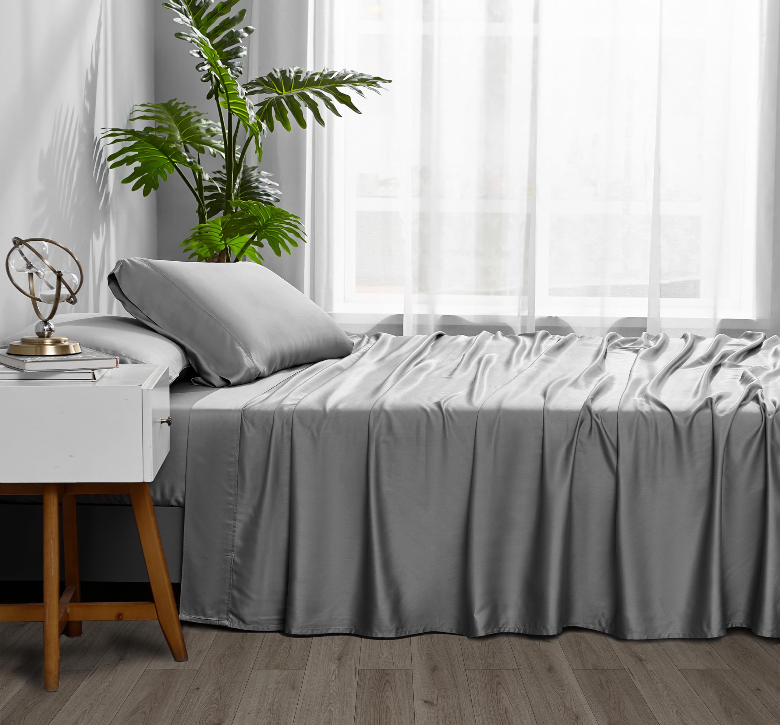 Cooling Sheets King Size Grey - Viscose Made from Bamboo, Luxury Hotel Sheet Set