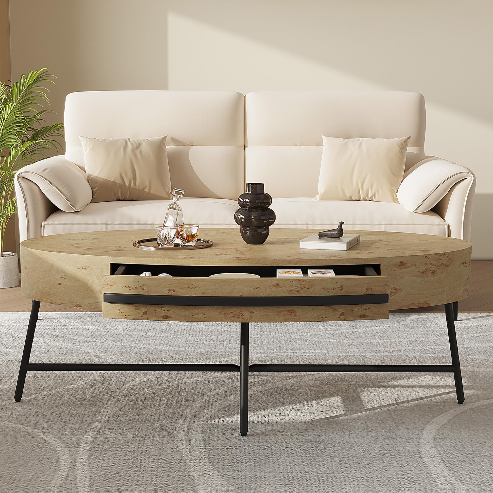 Oval Coffee Table with Drawer Mid-Century Modern Center Table 47.2“ Wooden Coffee