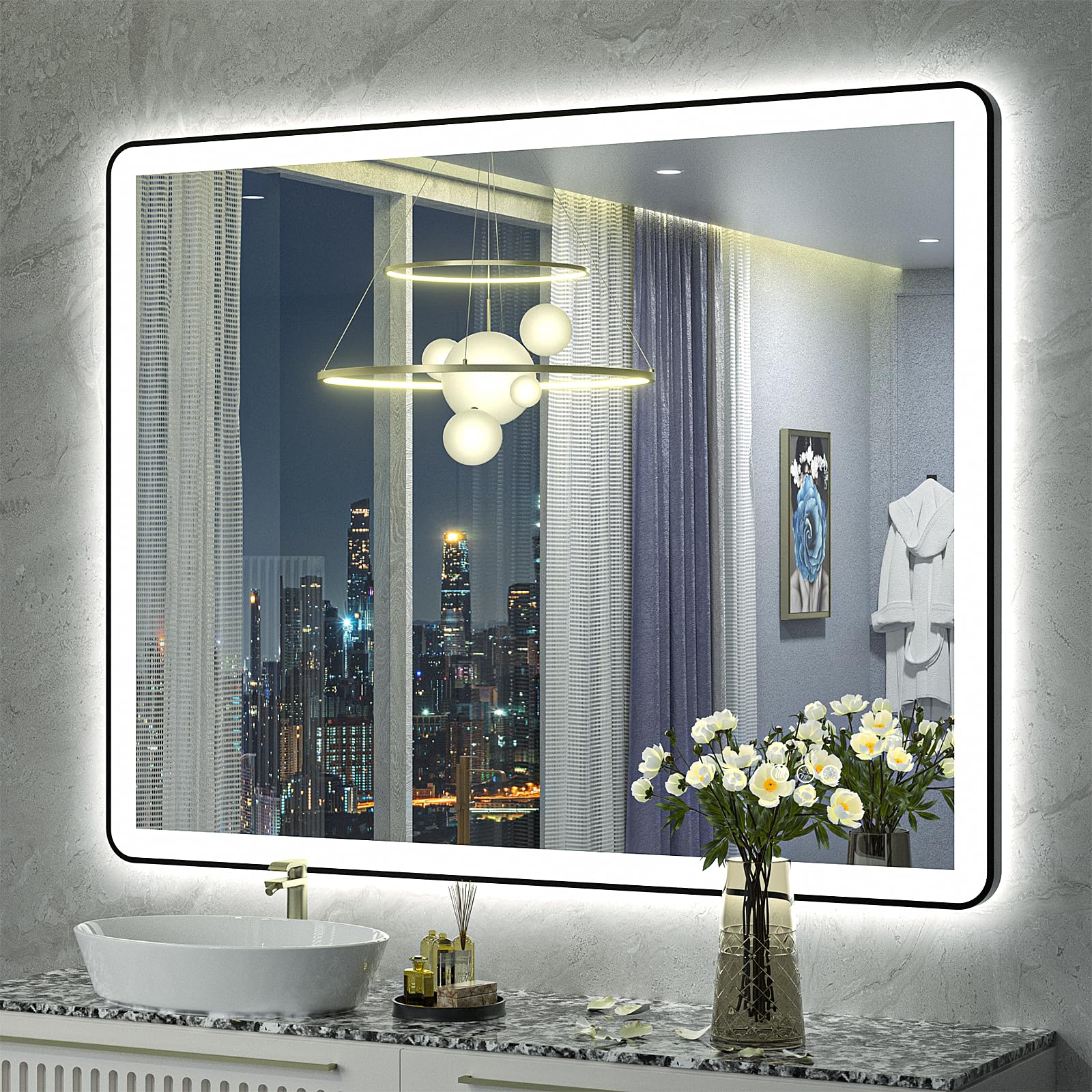 LED Lighted Bathroom Mirror for Wall, Dimmable Framed Bathroom Vanity Mirror