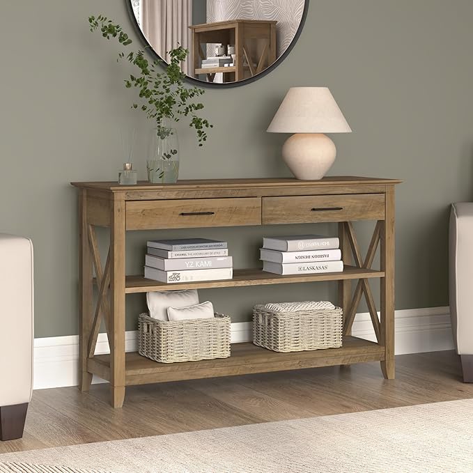 Key West Console Table with Drawers and Shelves in Washed Gray