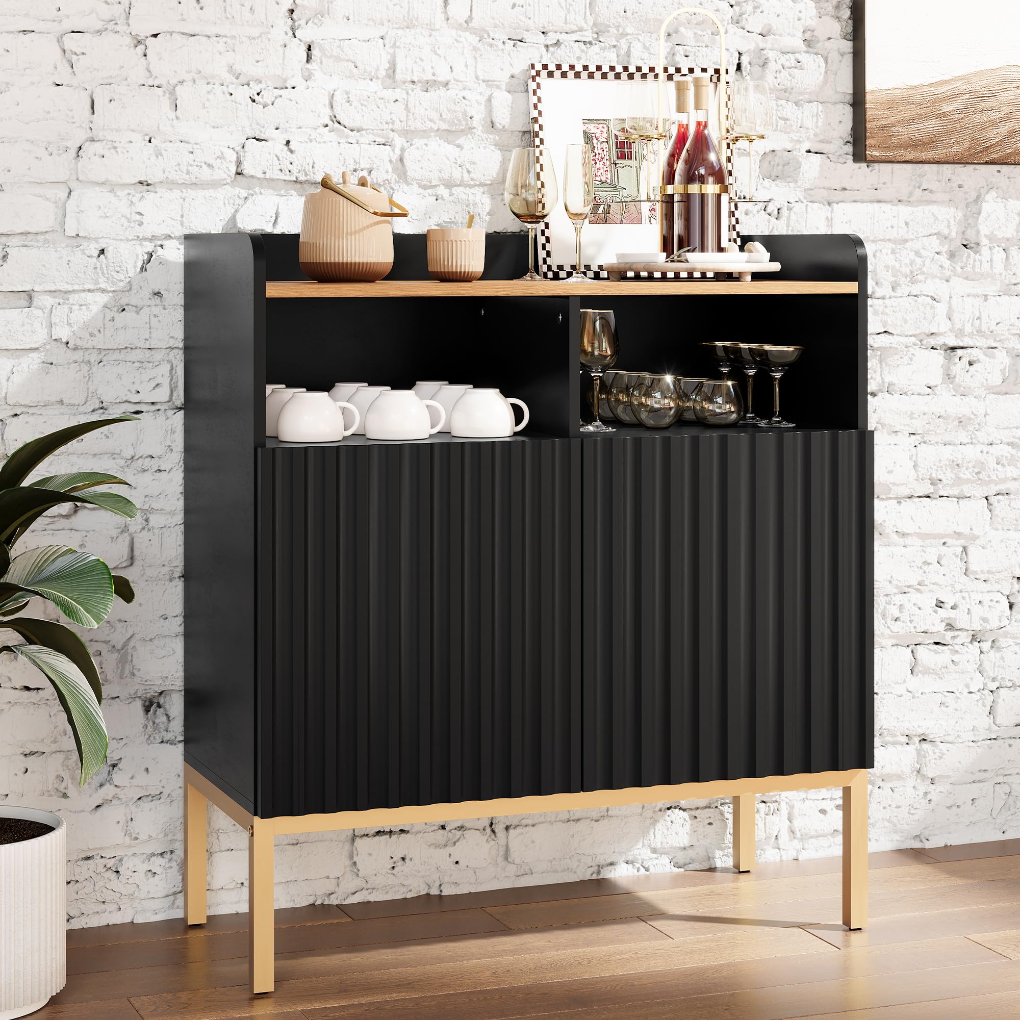 Fluted Storage Cabinet with 2 Doors, Modern Rustic Industrial Accent Cabinet