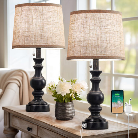 Table Lamps for Bedroom Set of 2 Farmhouse Bedside Lamps for Nightstand with USB C+A Charging Ports