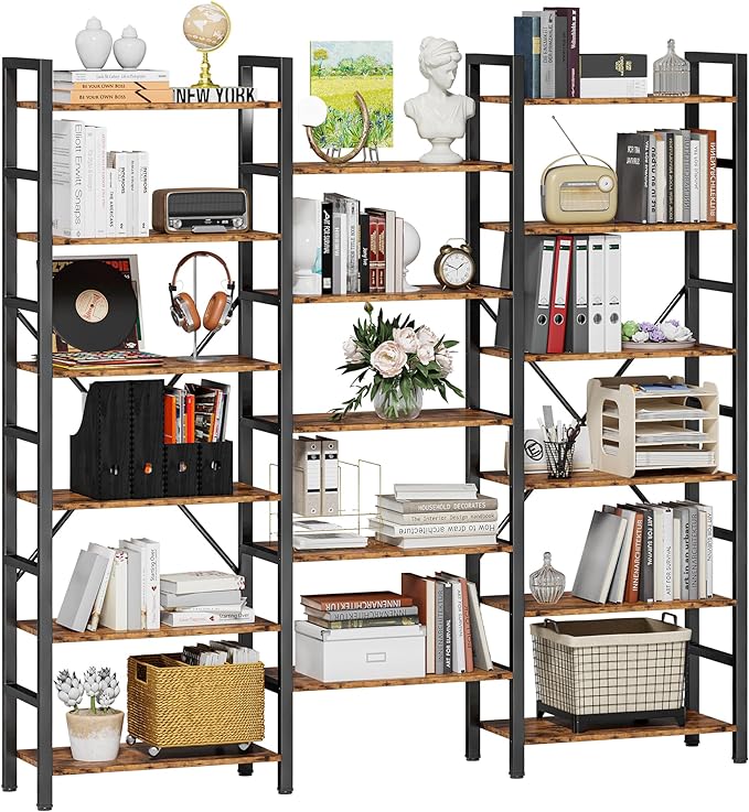 Bookshelves 6 Tiers Triple Wide Industrial Bookshelf, Large Etagere Bookshelf Open Display Shelves