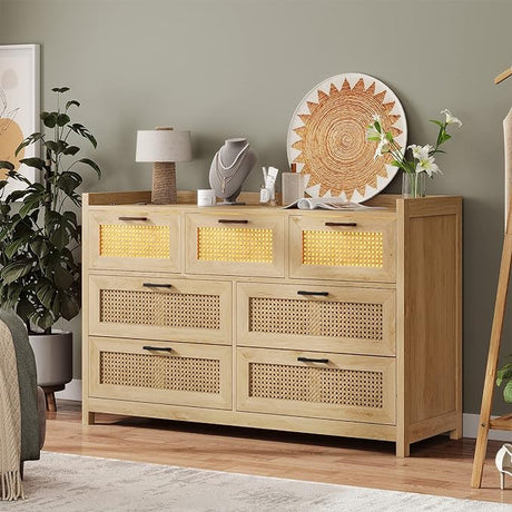 6 Drawer Dresser for Bedroom, Natural Rattan Wood Dressers with Led Light,