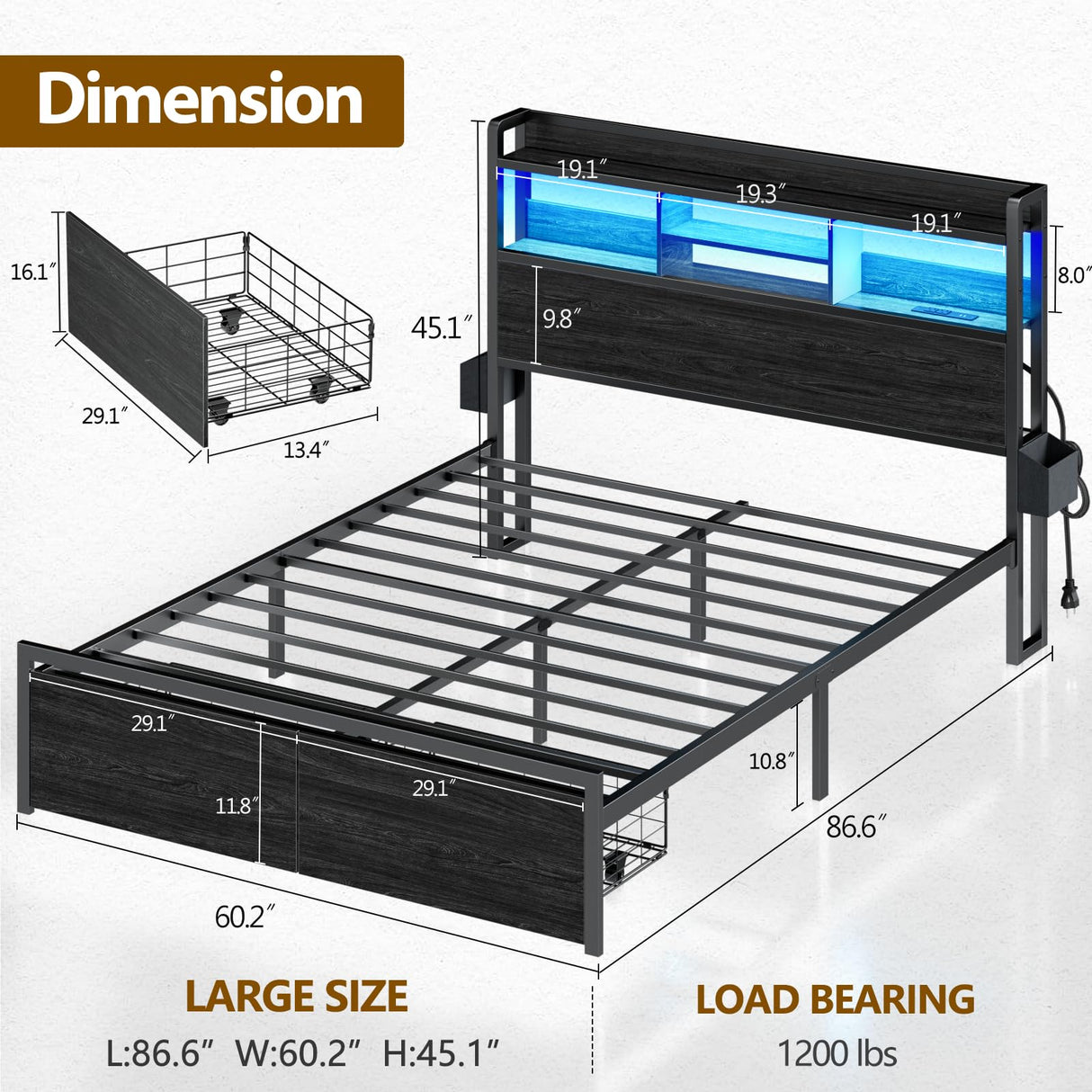 Queen Bed Frame with Wood Headboard and Storage Shelf, Metal Platform Bed Frame