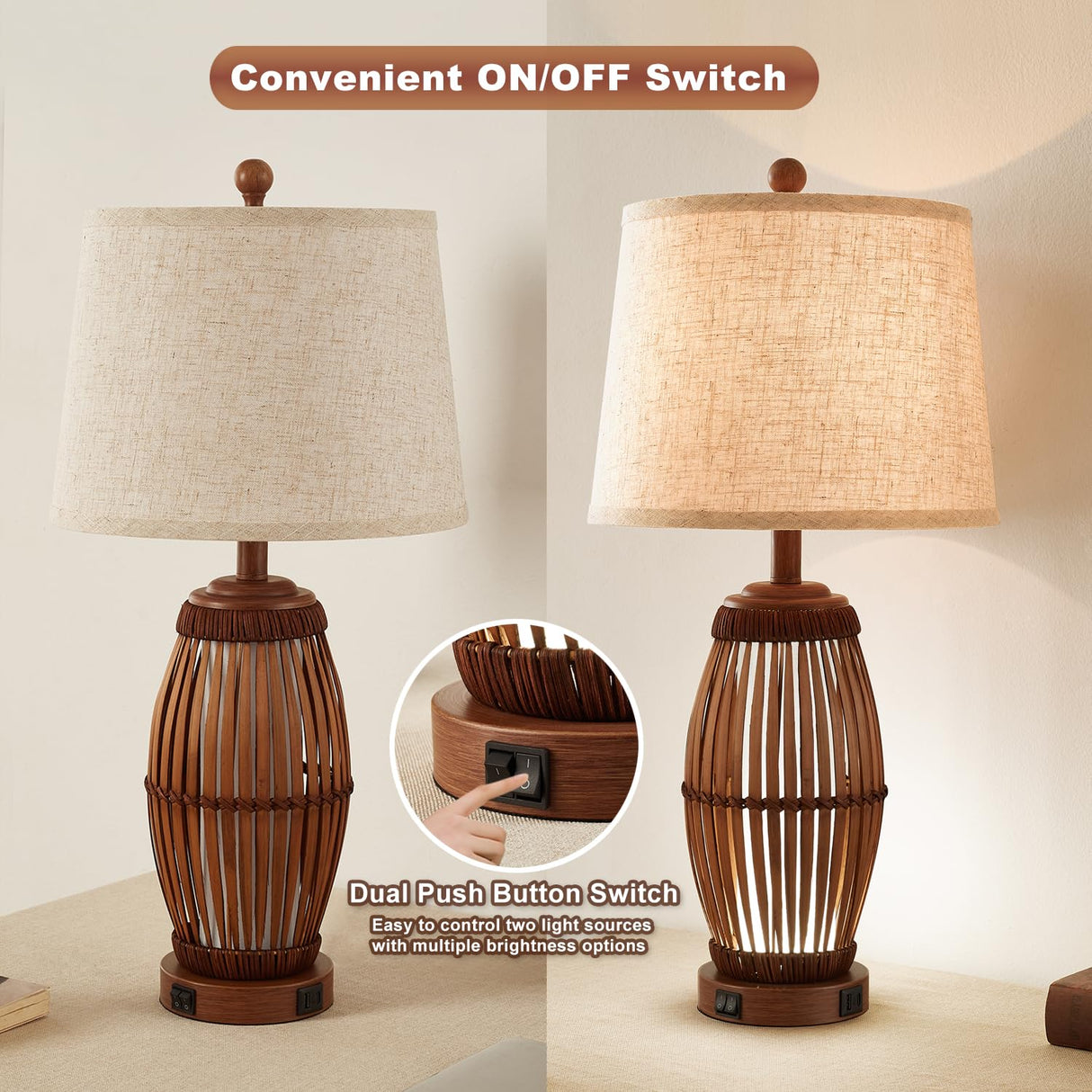 27" Vintage Bamboo Woven Table Lamps Set of 2 with USB Charging