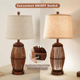 27" Vintage Bamboo Woven Table Lamps Set of 2 with USB Charging