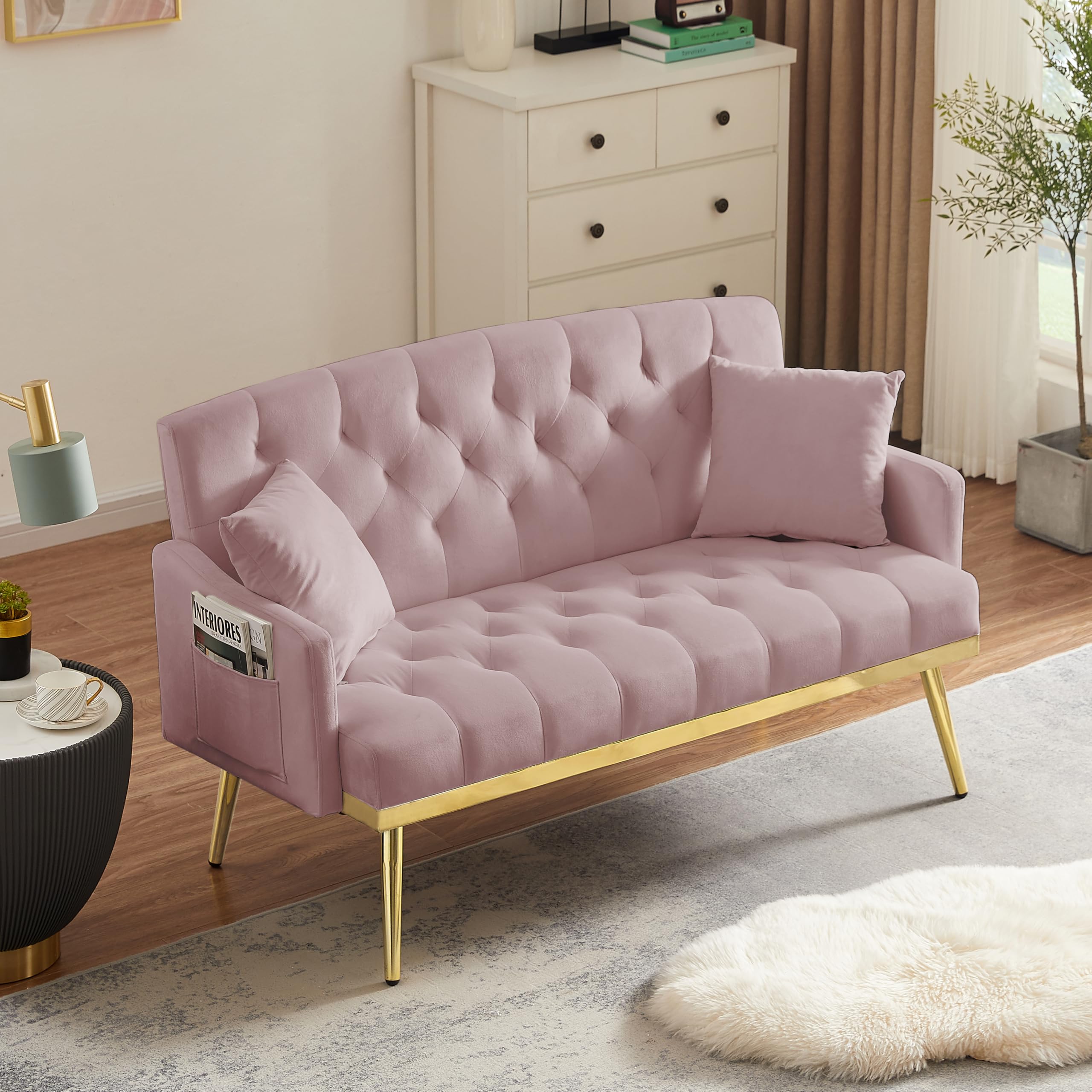 55-Inch Modern Velvet Loveseat Sofa with Gold Metal Legs & Side Pockets