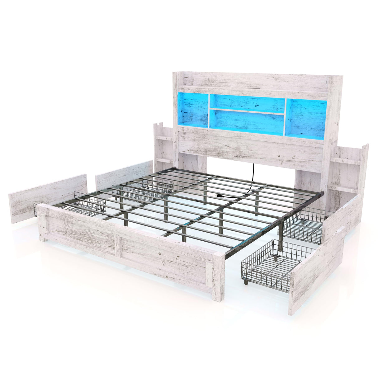 King Bed Frame with 49.6" Bookcase Headboard & 2 Detachable Bedside Stoage Racks