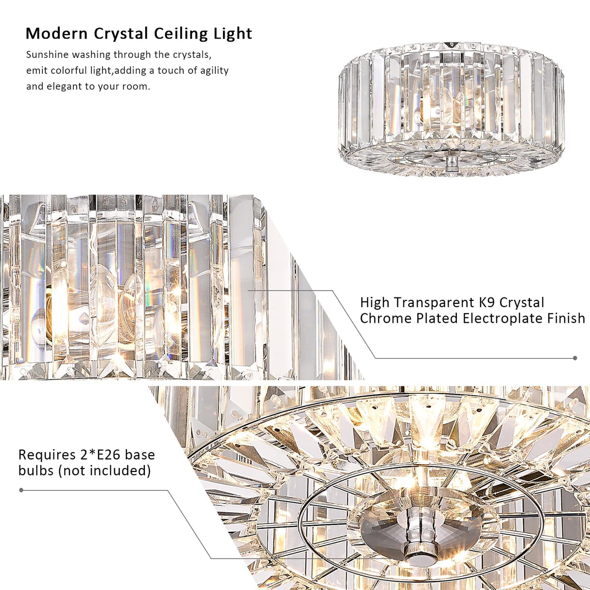 pasentel 11" Crystal Round Flush Mount Modern Close to Ceiling Light Fixture, Chrome Ceiling Lights 2-Light Hallway Light Fixtures, Crystal Ceiling Lamp for Kitchen Bathroom Entryway, XDD007-2-CH