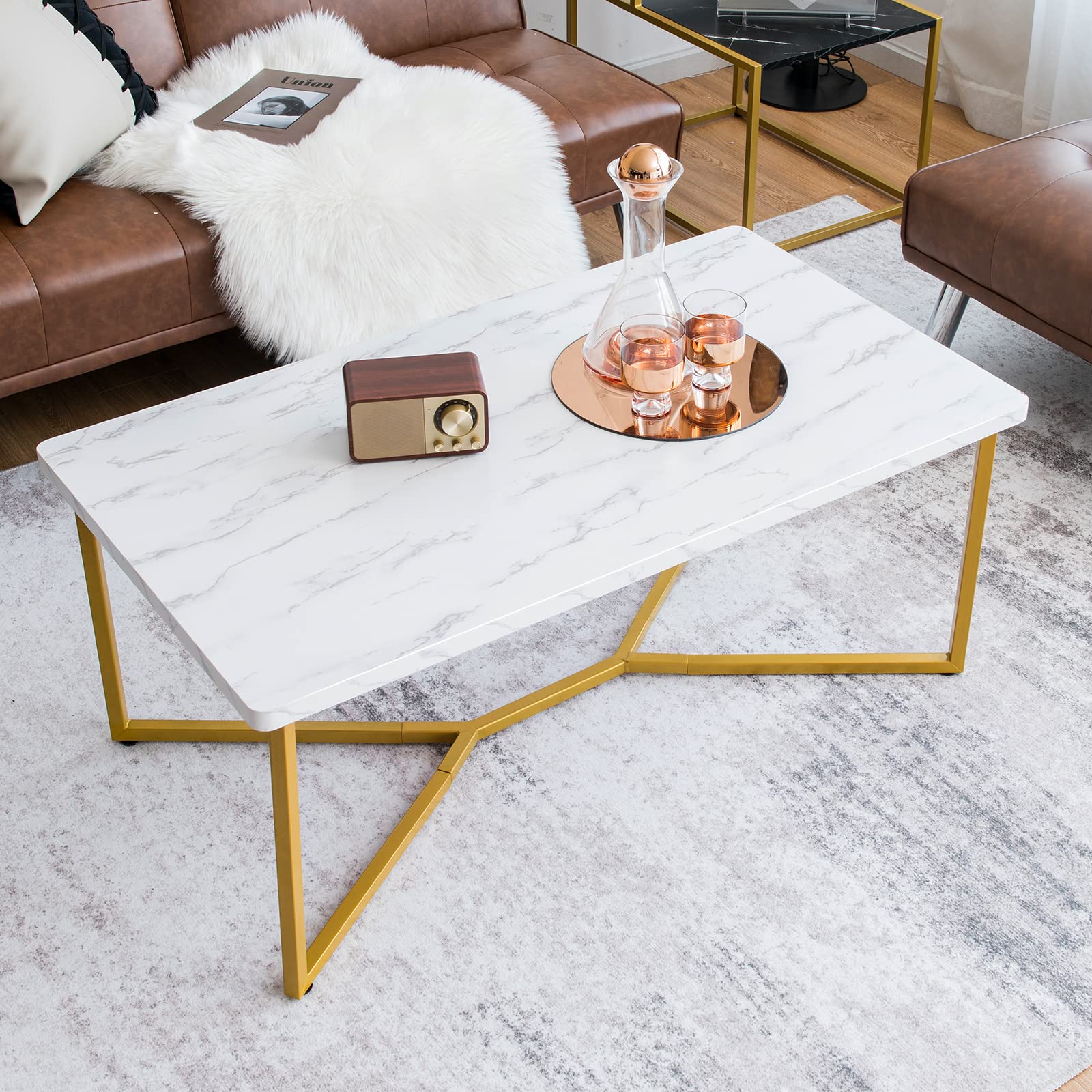 Modern Coffee Table, Accent Center Table with Faux Marble Tabletop