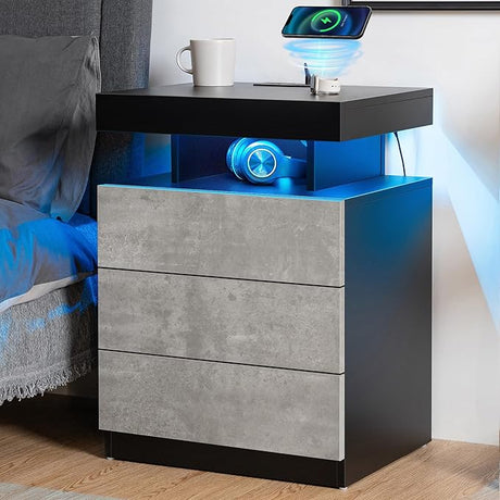 LED Nightstand with Wireless Charging Station 2 Outlets USB Port Type C Black Bedside Table with 3 Drawers Modern Smart LED Nightstand Tall 26.8in High Gloss Night Table with Light for Bedroom