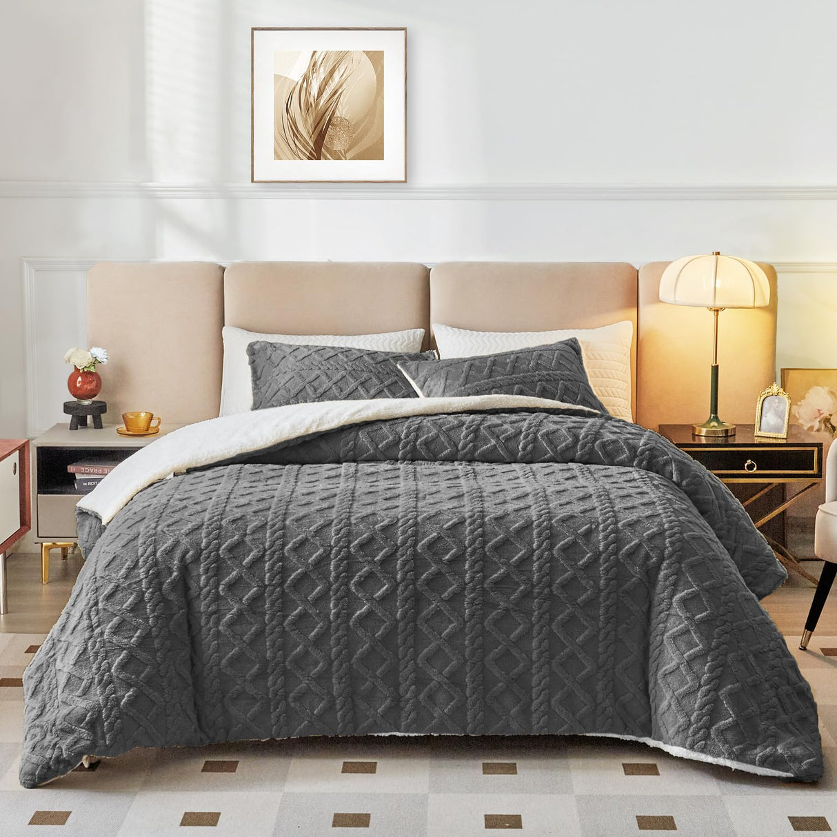 3-Piece Fluffy Faux Fur Sherpa Comforter Set Gray, King Size Luxury Tufted Bedding