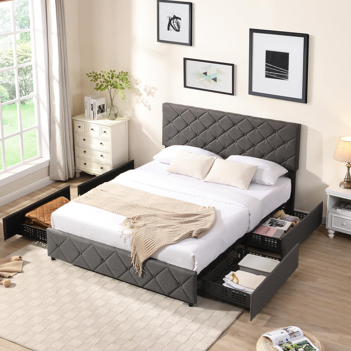 king Size Upholstered Bed Frame with 4 Storage Drawers and Headboard No Box Spring