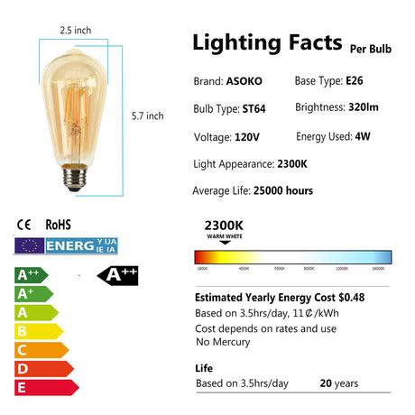 LED Dimmable Edison Light Bulbs 4W, 2200K-2400K Warm White (Amber Glass) ST64, E26 Base Pack of 6