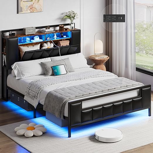 Twin Bed Frame with Storage Headboard & Charging Station, Upholstered Platform Bed