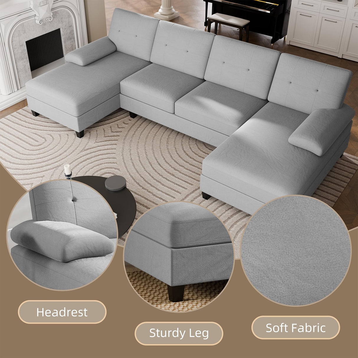 Walsunny Sectional Couches for Living Room, Convertible U-Shaped Sofa Couch with Double Chaise, 4 Seat Sofa Set Modular Sofa Couch for Apartment, Light Grey