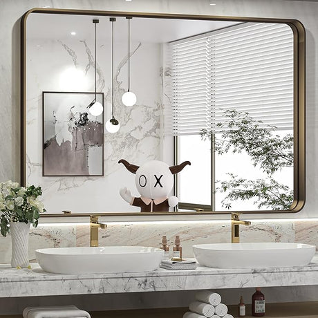 40 x 30 Inch Brushed Silver Bathroom Mirror for Wall Brushed Brass Metal Rounded