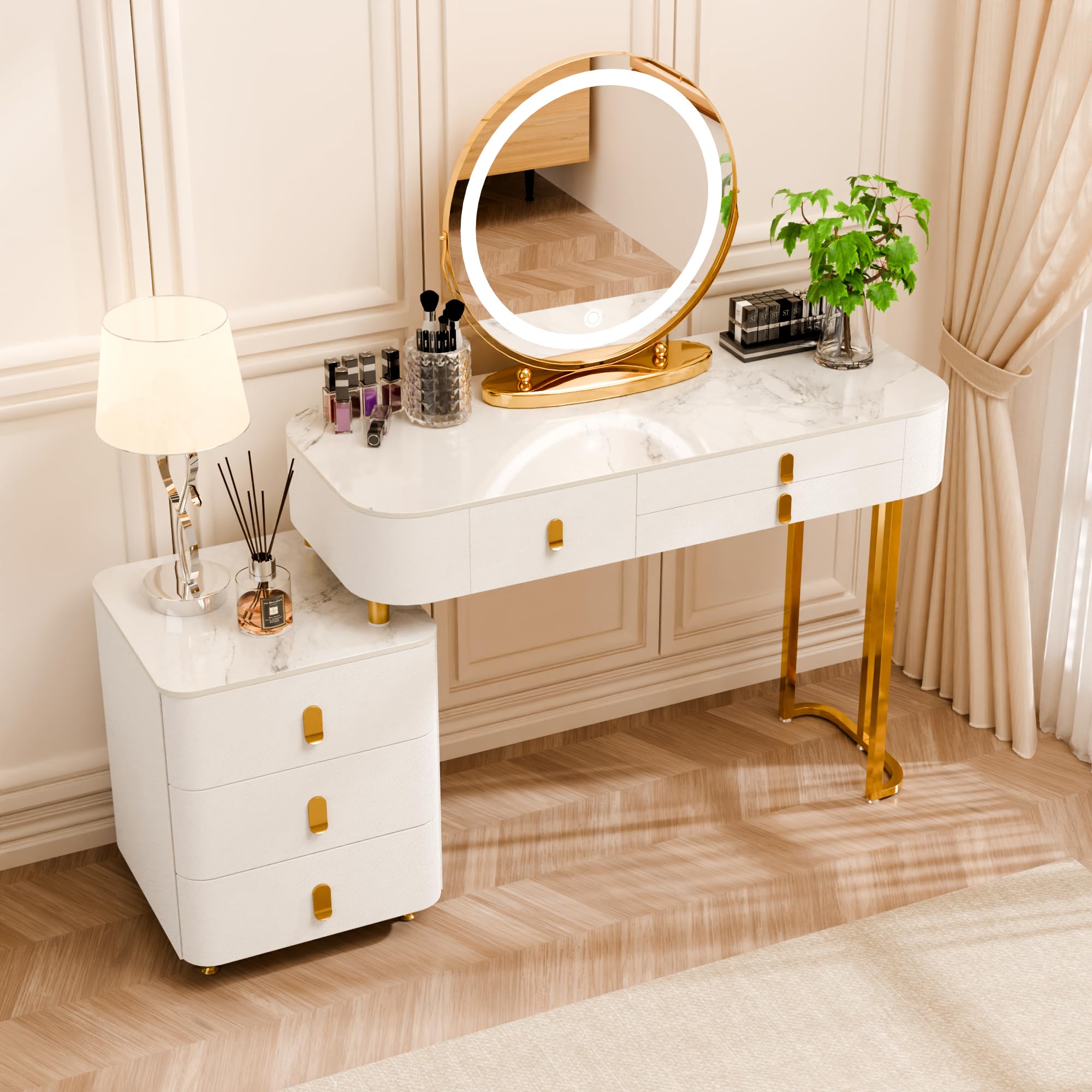 Vanity Desk with Lighted Mirror and Drawers,Makeup Vanity Table with Storage Cabinet and Vanity Chair