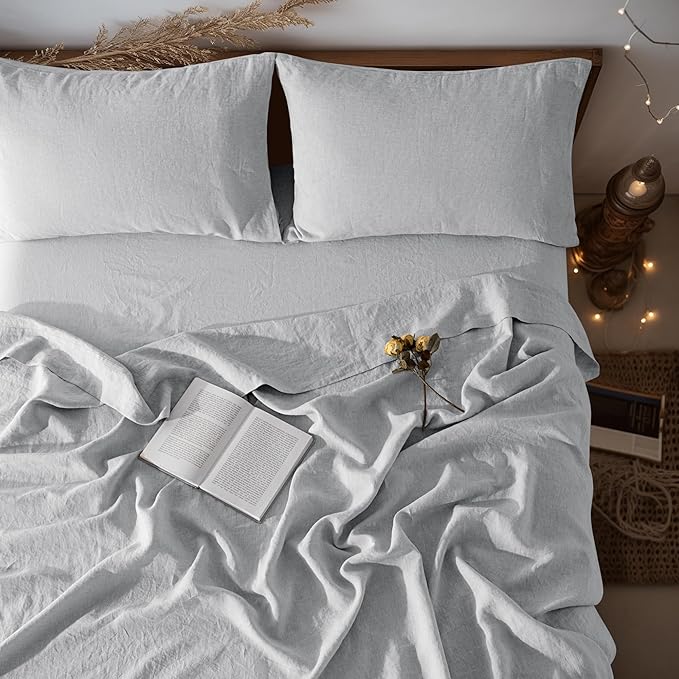 LBR02M 100% Linen Sheet Set King Size,Bed Sheets 4 Piece Sets, Solid Color Natural Flax Bed Sheets Soft Breathable Bedding,16" Deep Pocket,All Season (King, Linen)