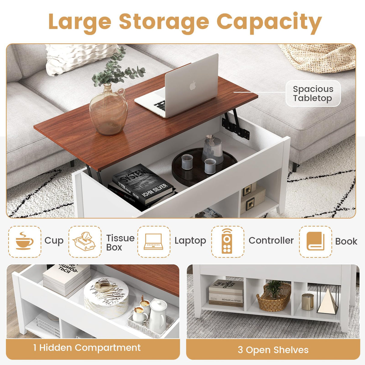 Lift Top Coffee Table - Rectangular Wooden Table w/Hidden Compartment & Open Storage