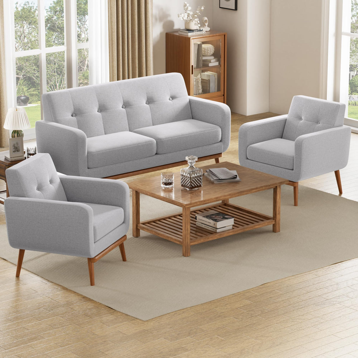 Living Room Set, Button Tufted Living Room Furniture Sets, Upholstered Modern Couch Set with Solid Frame