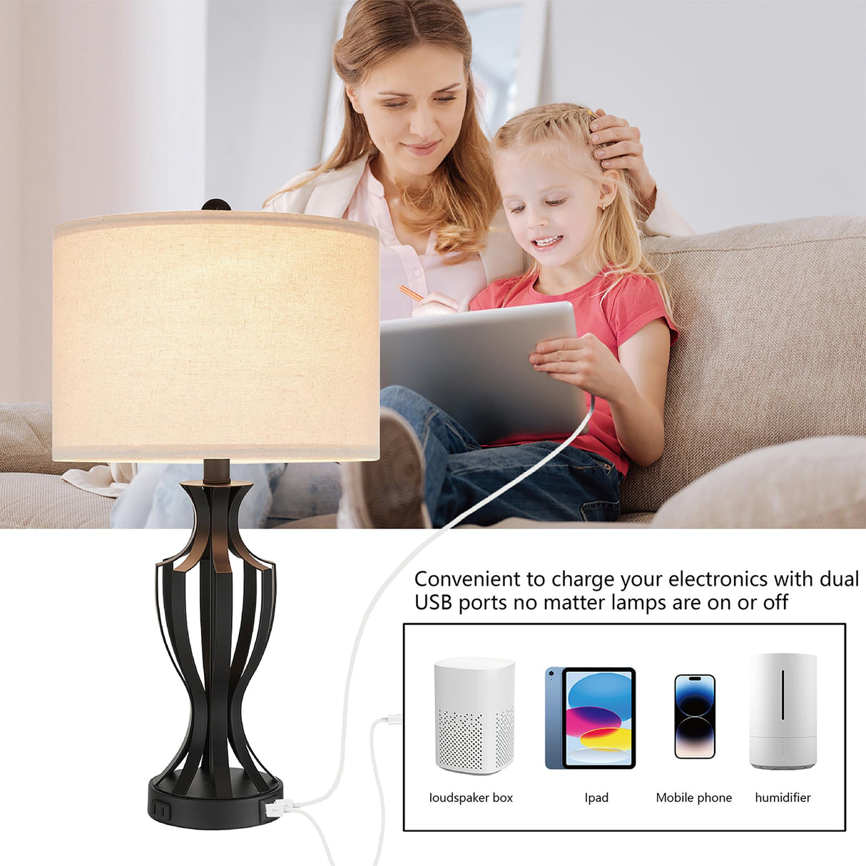 23.25'' Metal Table Lamp Set of 2 for Living Room, 3-Way Touch Control Black Iron Scroll