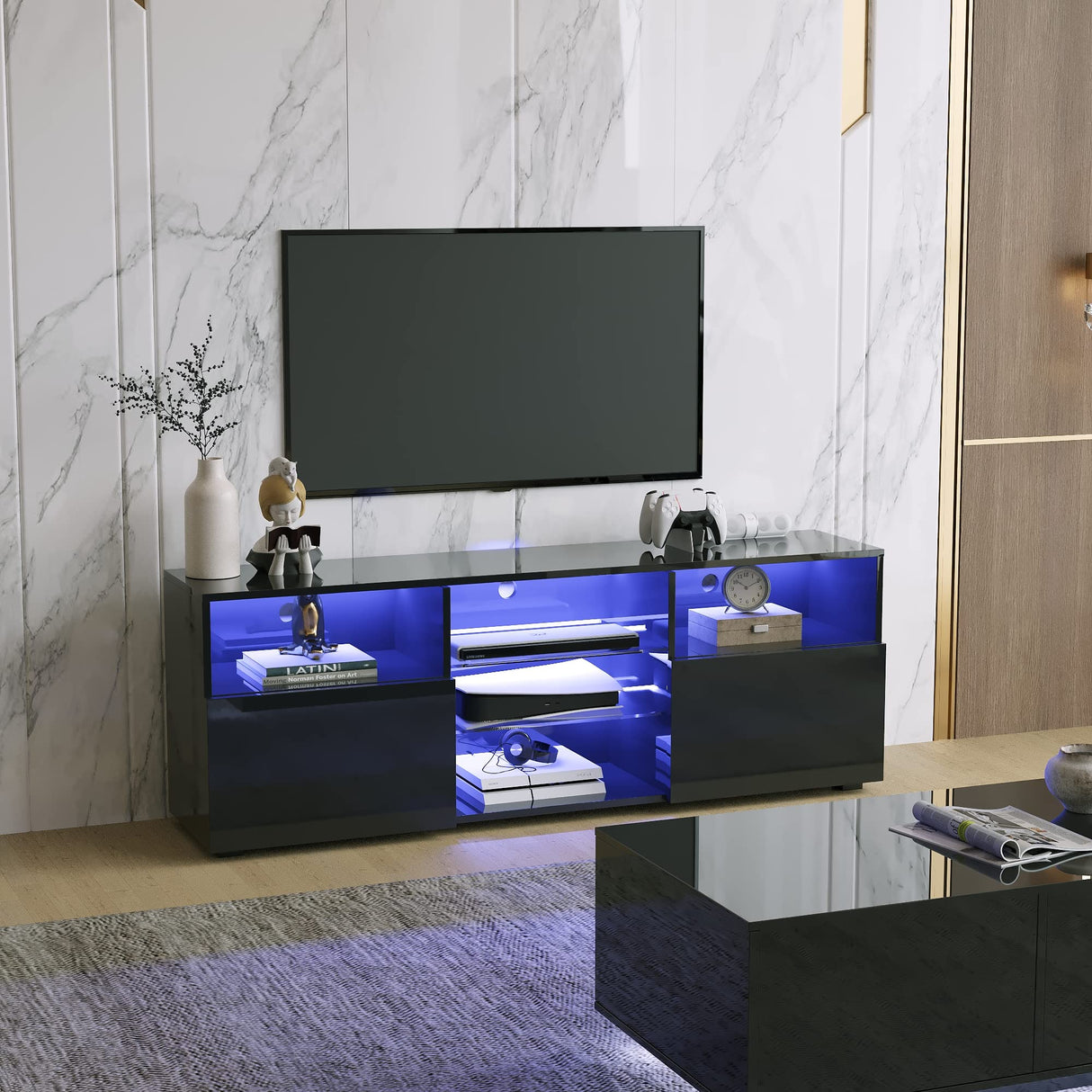 LED TV Stand for 65 inch TVs, Modern TV Stand with LED Lights and High Glossy Cabinets