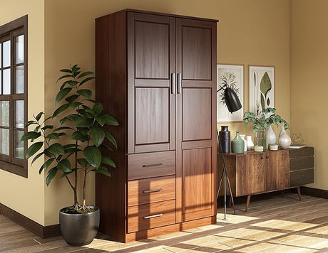 100% Solid Wood Metro 2-Door Wardrobe w/Raised Panel Doors, 2 Clothing Rods