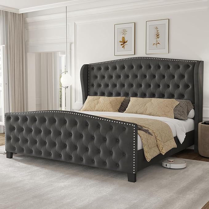 King Bed Frame Upholstered Platform Bed with Wingback Headboard & Footbaord Velvet