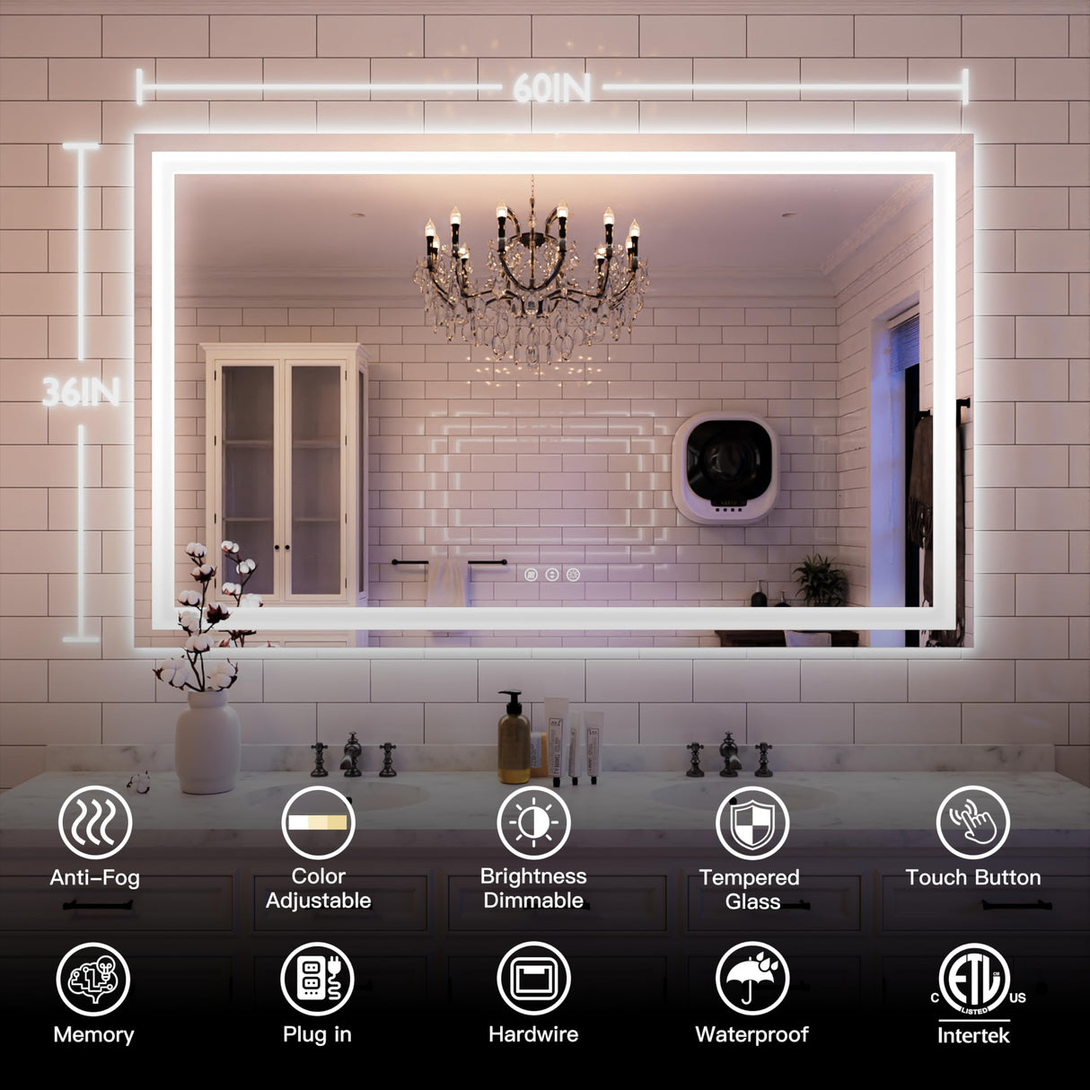60x36 LED Bathroom Mirror - Front & Backlit Vanity Mirror with Anti-Fog