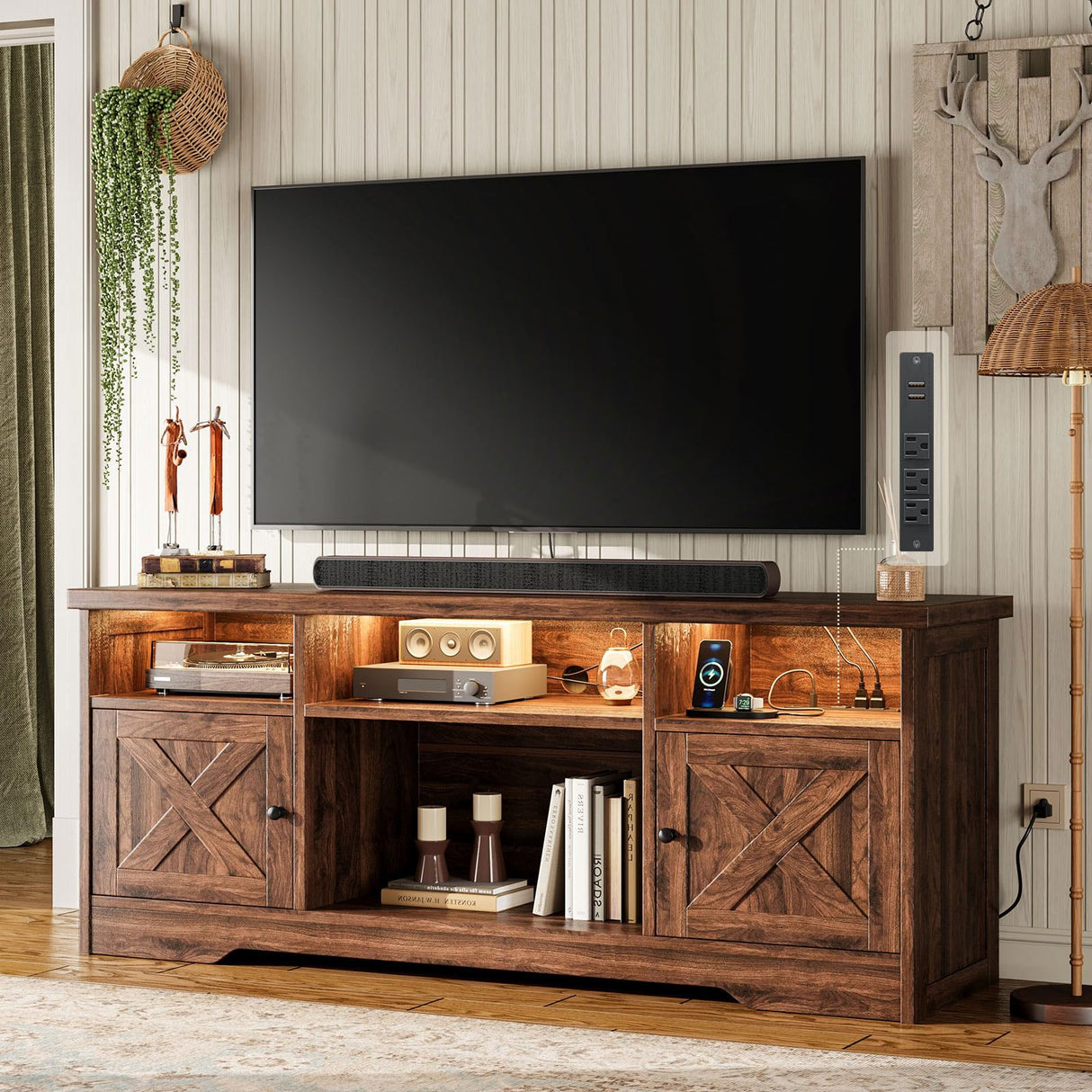 65 Inch Farmhouse TV Stand with Power Outlet & LED Lights