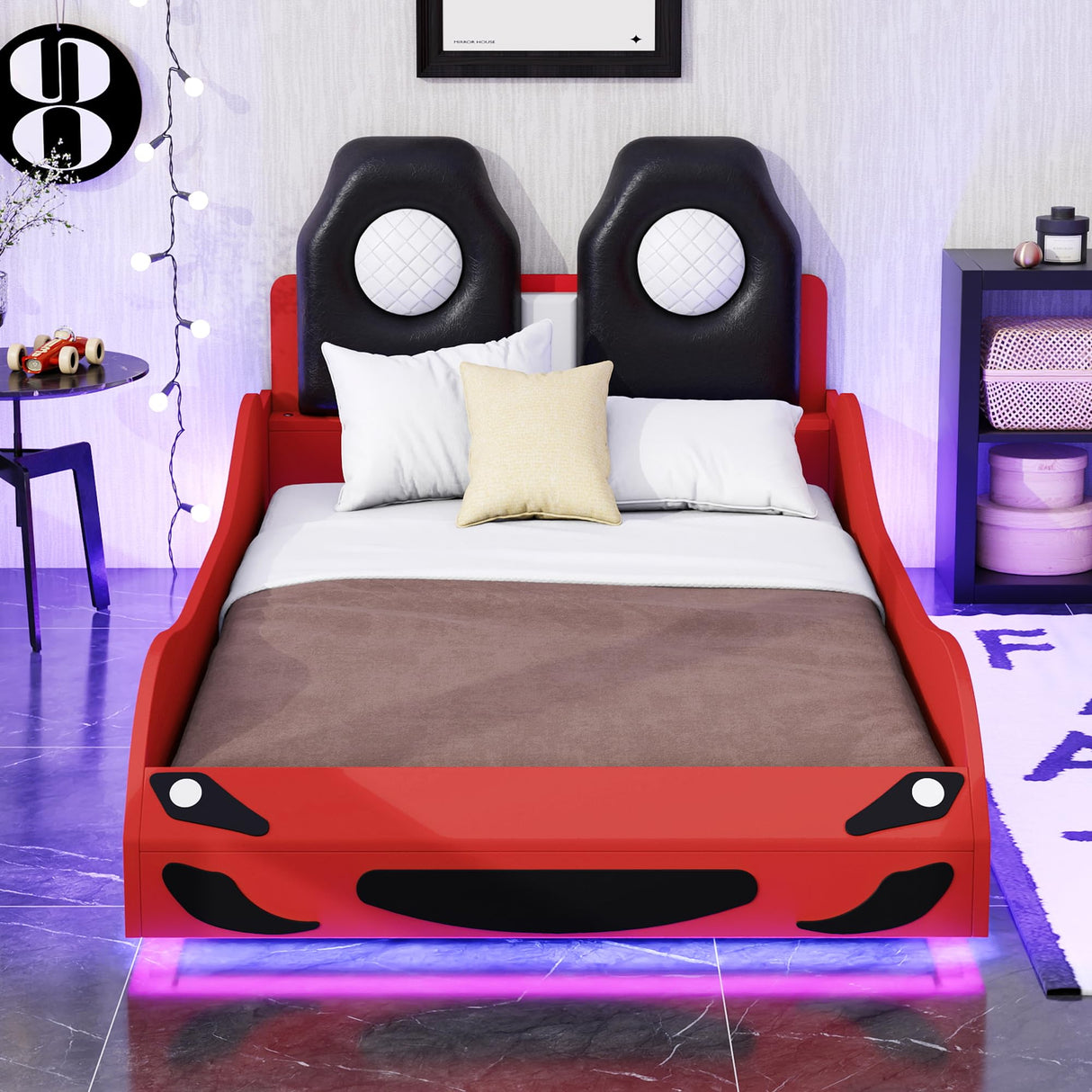 Twin Race Car Bed with LED Lights and Guardrails