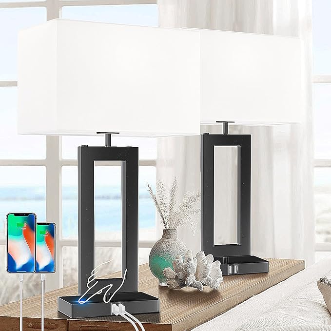 22’’ Tall Set of 2 Touch Control Table Lamp w. 2 USB Ports, 3-Way Dimmable Modern