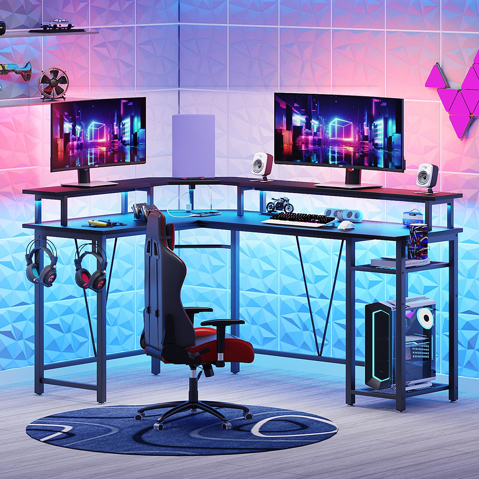 L Shaped Gaming Desk with Power Outlet&Music Strip Lights, Corner Desk with 2-Layer