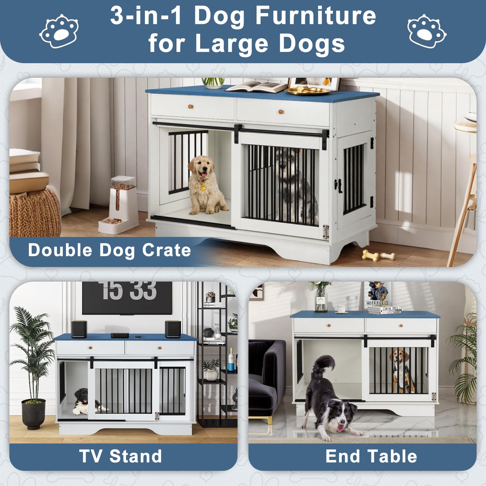 Double Dog Crate Furniture with Storage Drawers & Sliding Barn Door