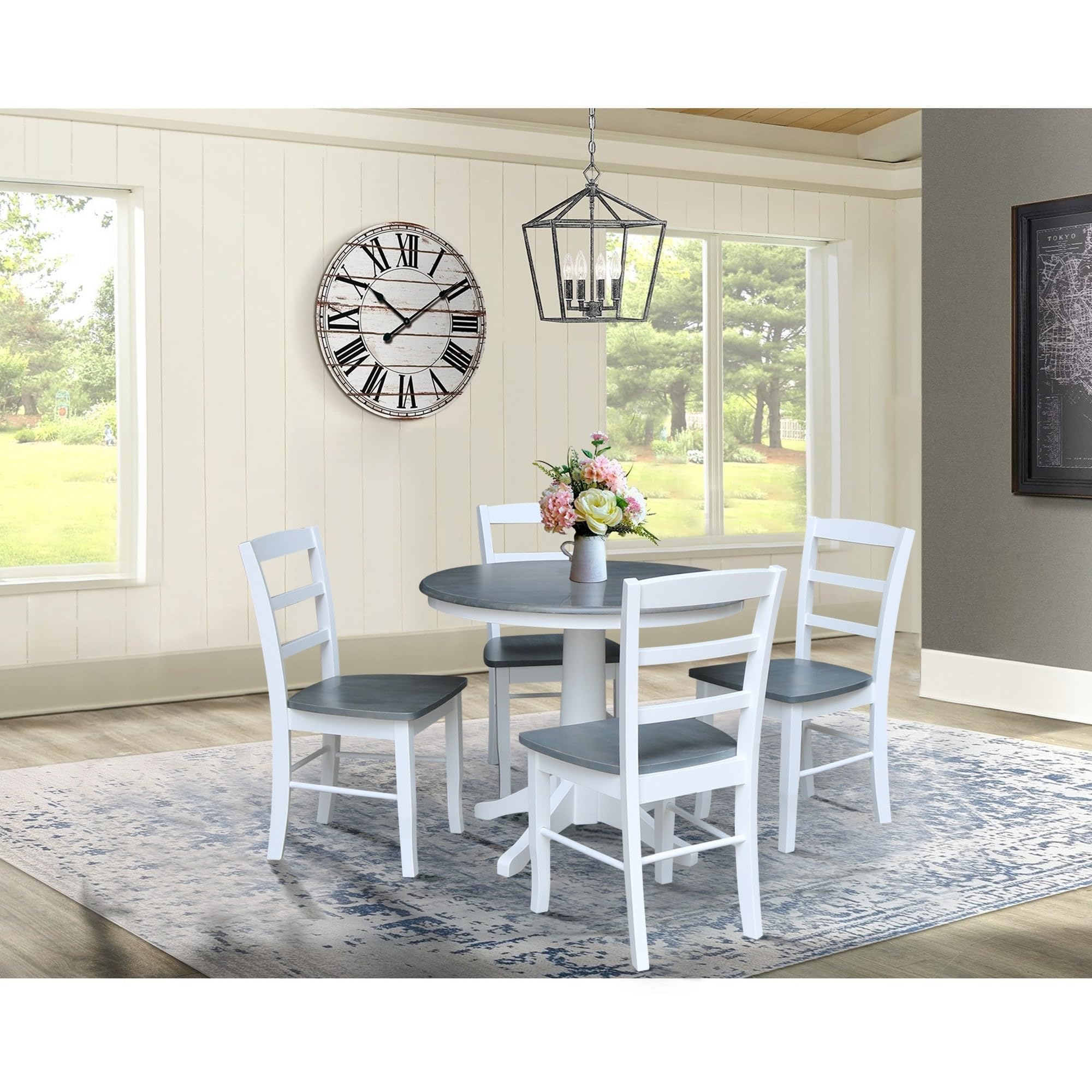 Concepts 36" Round Pedestal Dining 4 Table and chairs, White/Heather Gray