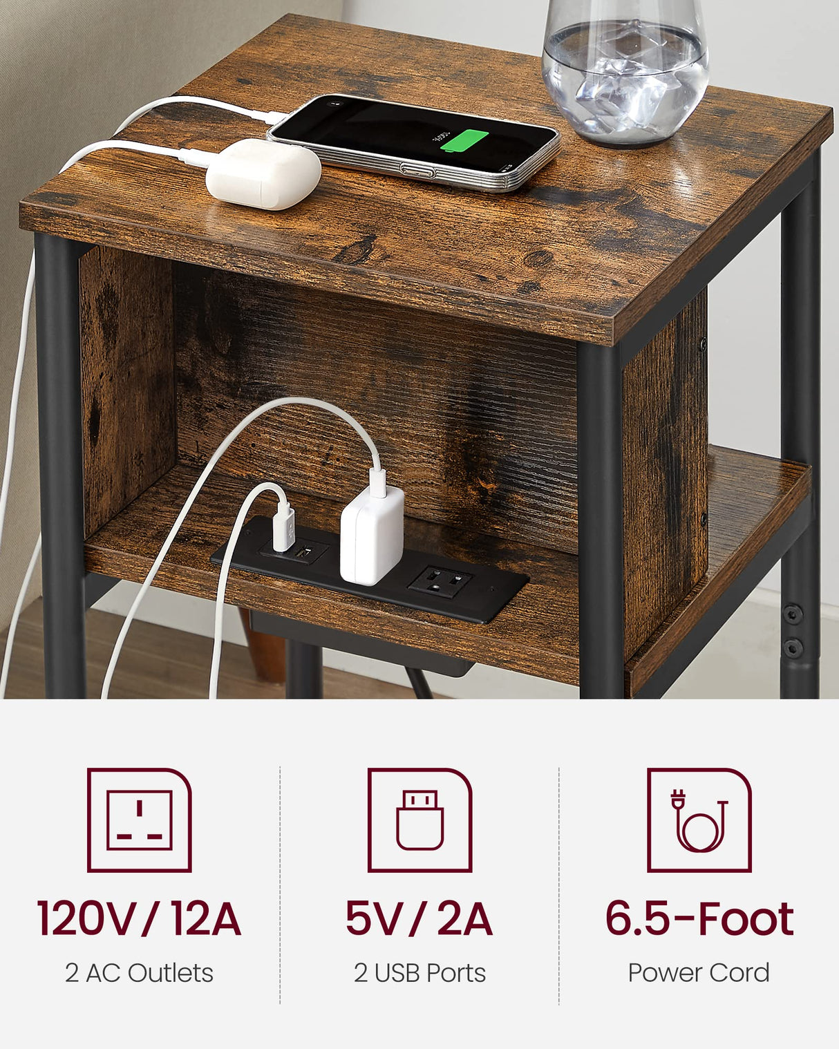 VASAGLE Side Table with Charging Station, 3-Tier End Table with USB Ports and Outlets, Nightstand for Living Room, Bedroom, 11.8 x 13.4 x 22.8 Inches, Plug-in Series, Rustic Brown and Black