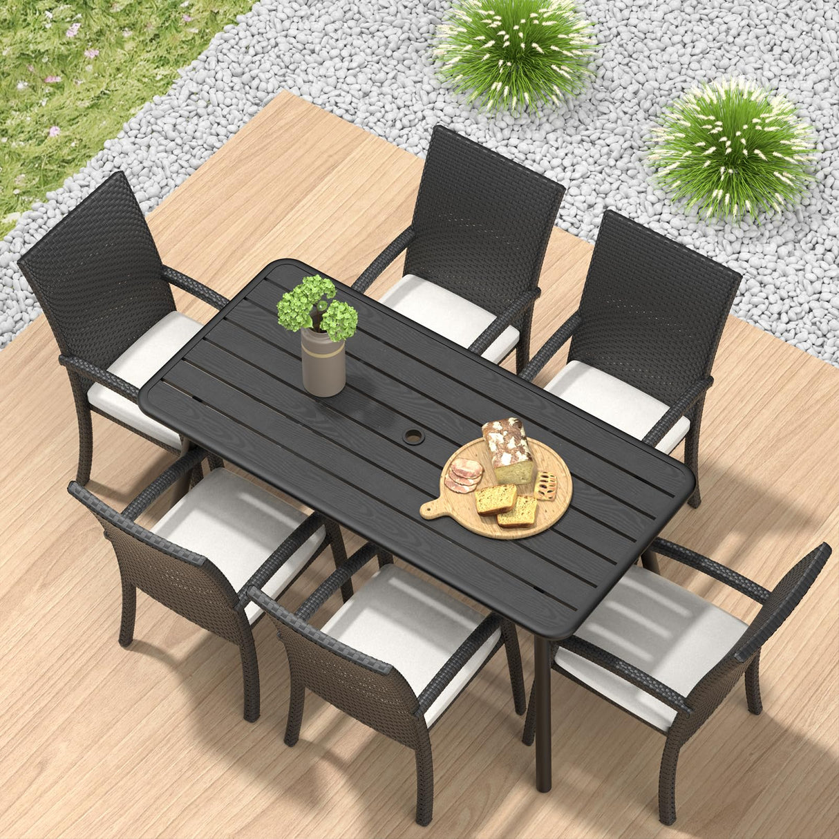 Rectangle Metal Outdoor Dining Table with Umbrella Hole for Outside Patio, Black