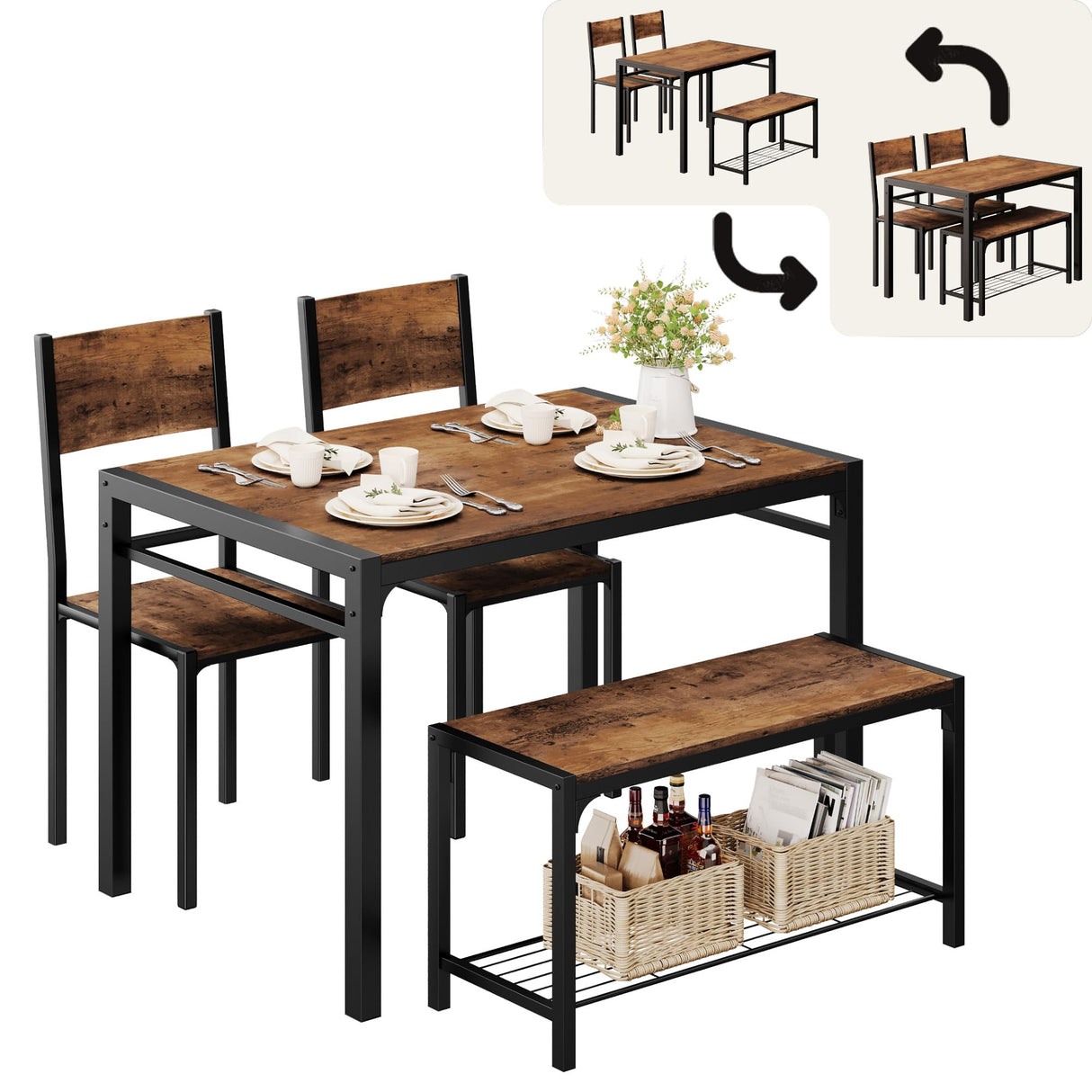 4-Piece Dining Set with Bench for Small Spaces