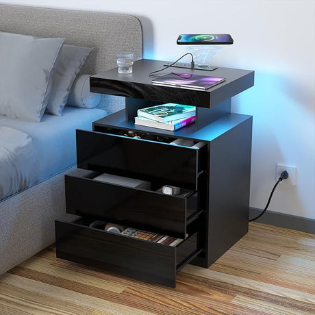 LED Nightstand with Wireless Charging Station 2 Outlets USB Port Type C Black Bedside Table with 3 Drawers Modern Smart LED Nightstand Tall 26.8in High Gloss Night Table with Light for Bedroom