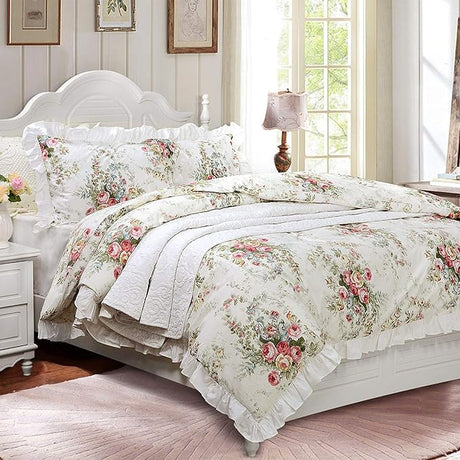 Floral Duvet Cover Set Queen Size 100% Cotton Ruffle Vintage Rose Comforter Cover Set,