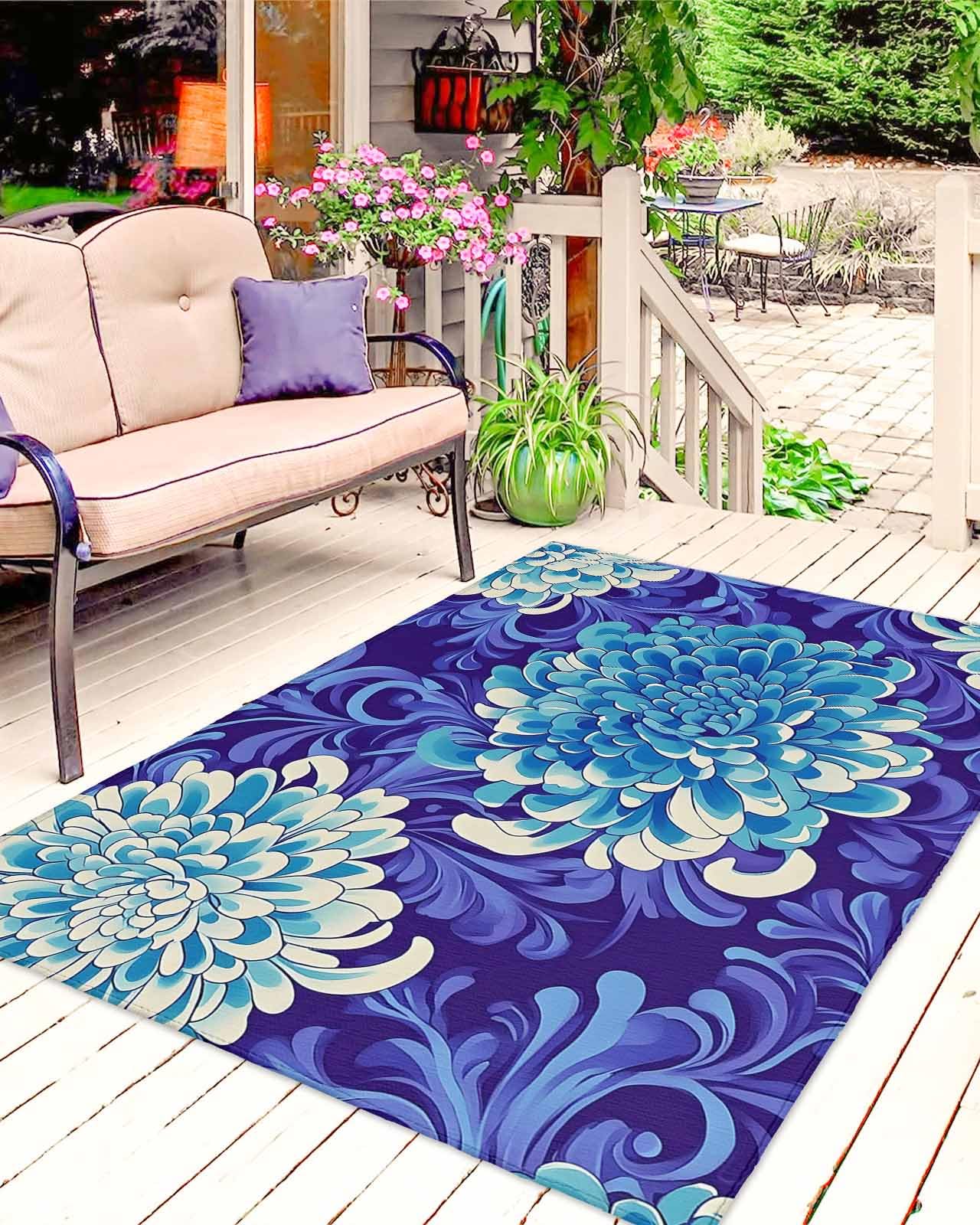 Outdoor Rug 5x8 ft Blue Flowers Outdoor Large Area Rug Non Slip Rubber Purple Painting