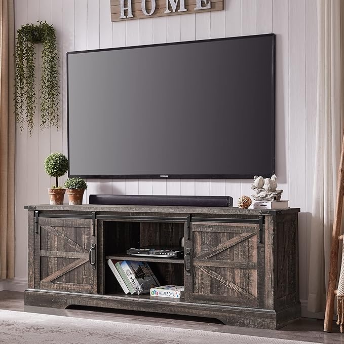 Farmhouse TV Stand for 75 Inch TV, Rustic Entertainment Center w/Sliding Barn Door