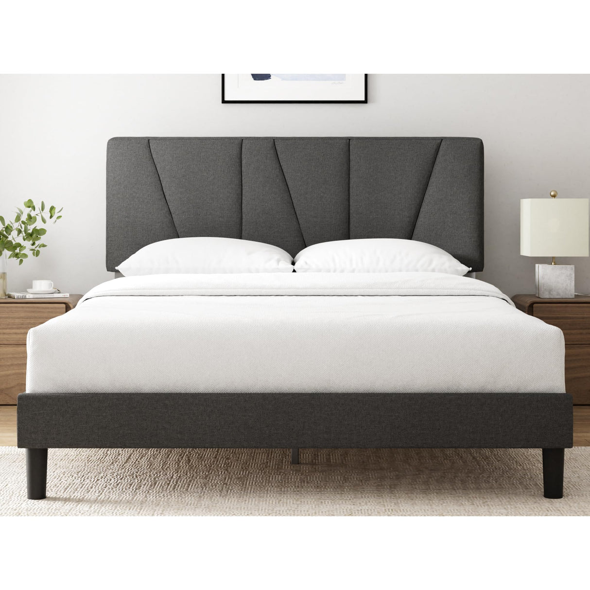 ZBed Frame with Asymmetric Headboard, Durable Wooden Slats, Sturdy Framework, Noise Free Sleep, No Box Spring Needed, Easy Assembly, Eco Friendly Packaging, Dark Grey