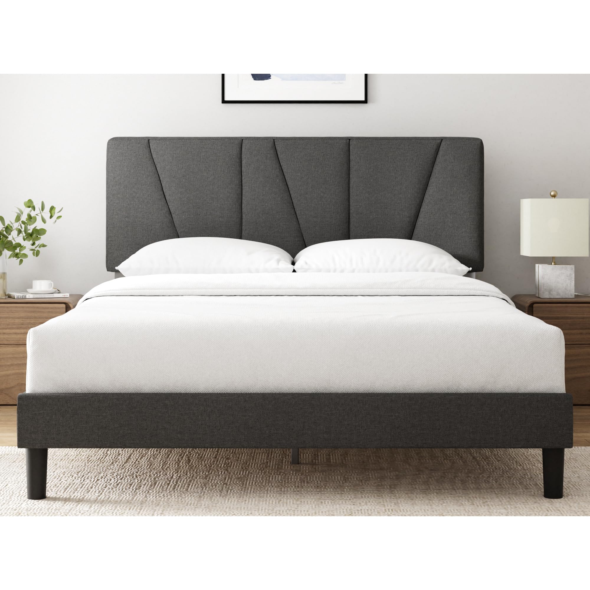 ZBed Frame with Asymmetric Headboard, Durable Wooden Slats, Sturdy Framework, Noise Free Sleep, No Box Spring Needed, Easy Assembly, Eco Friendly Packaging, Dark Grey