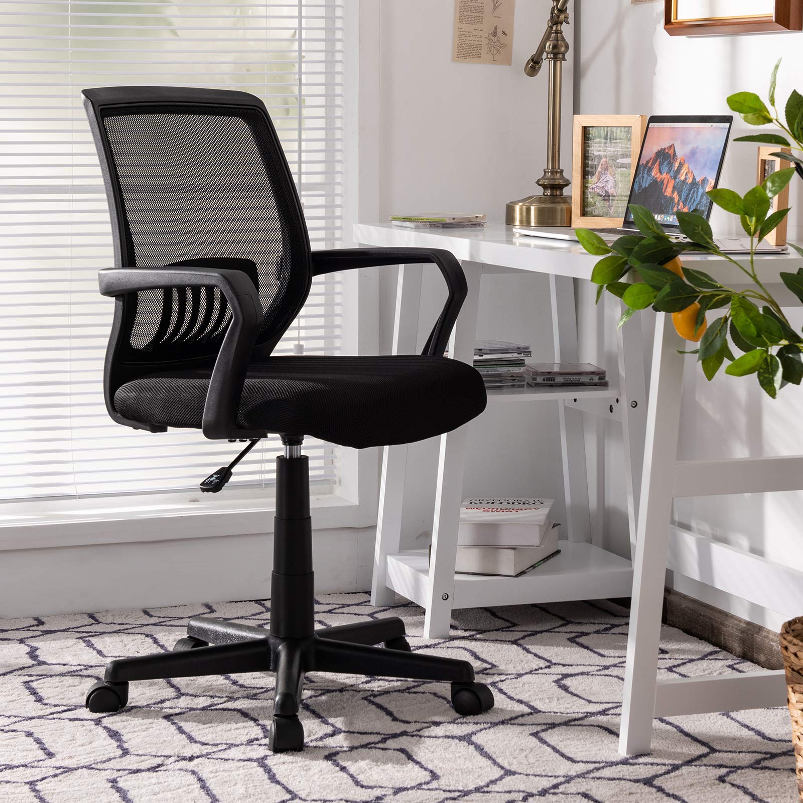 Mesh Desk Chairs with Wheels, Lumbar Support, Waterfall Seat, Height Adjustable Armrest Computer Chair, Mid Back Executive Swivel Task Chair for Women Adults, Black