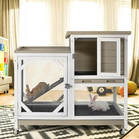 Outdoor Rabbit Hutch, Bunny Cage on Wheels with 2 Deep No Leakage Pull Out Trays