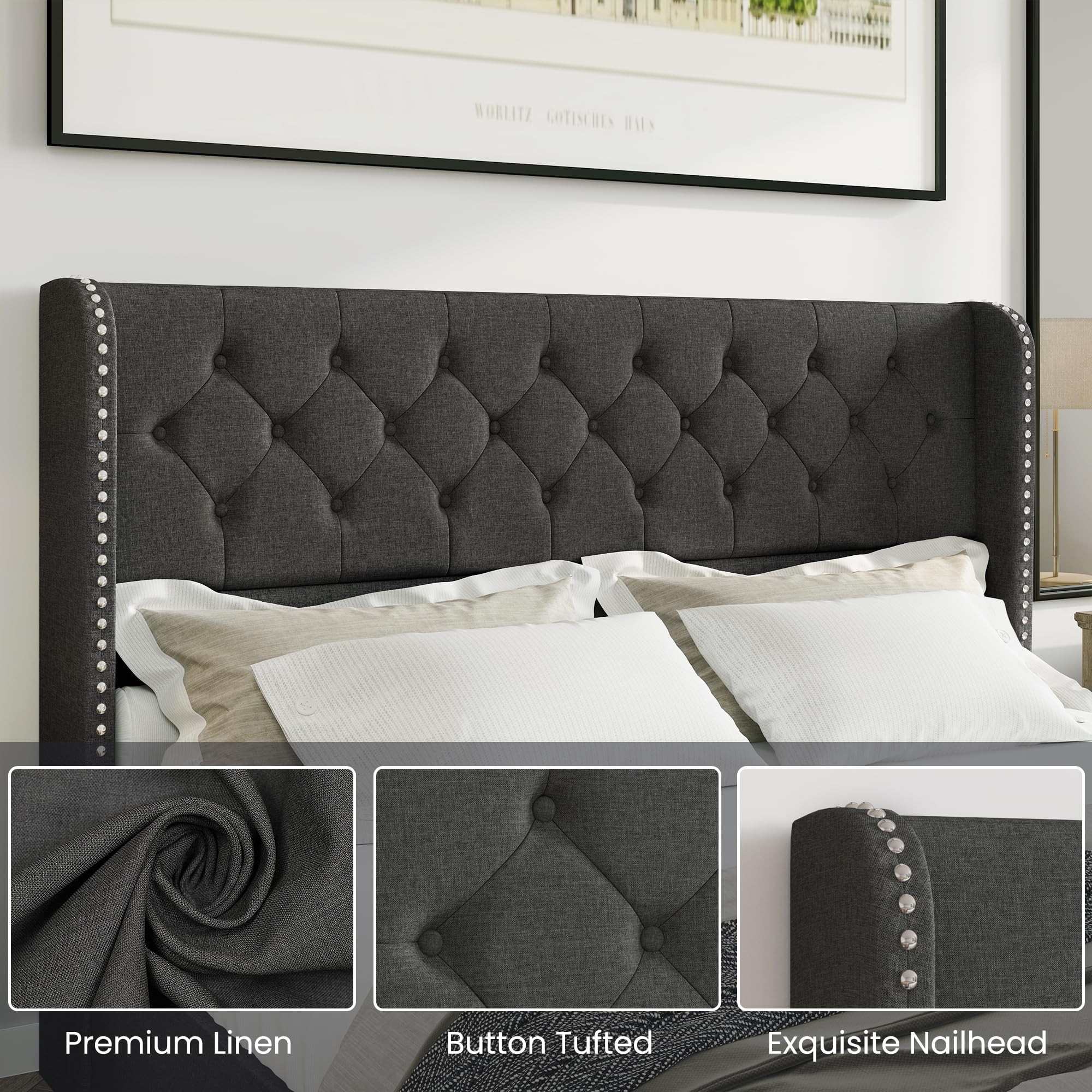 Bed Frame King Size Upholstered Platform Bed with Storage Drawers
